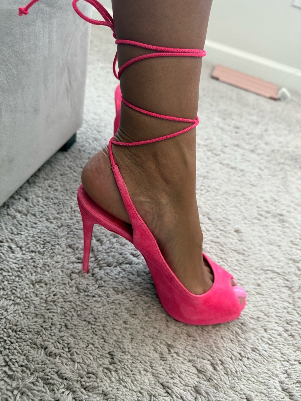 Christian Louboutin Hot Pink Suede Peep-Toe Lace-Up Heels - Picture 4 of 5